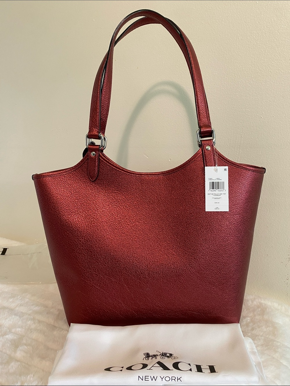 Coach Day Tote Metallic Cherry Polished Pebble Leather w/ Pouch Bag (C0869) -NEW